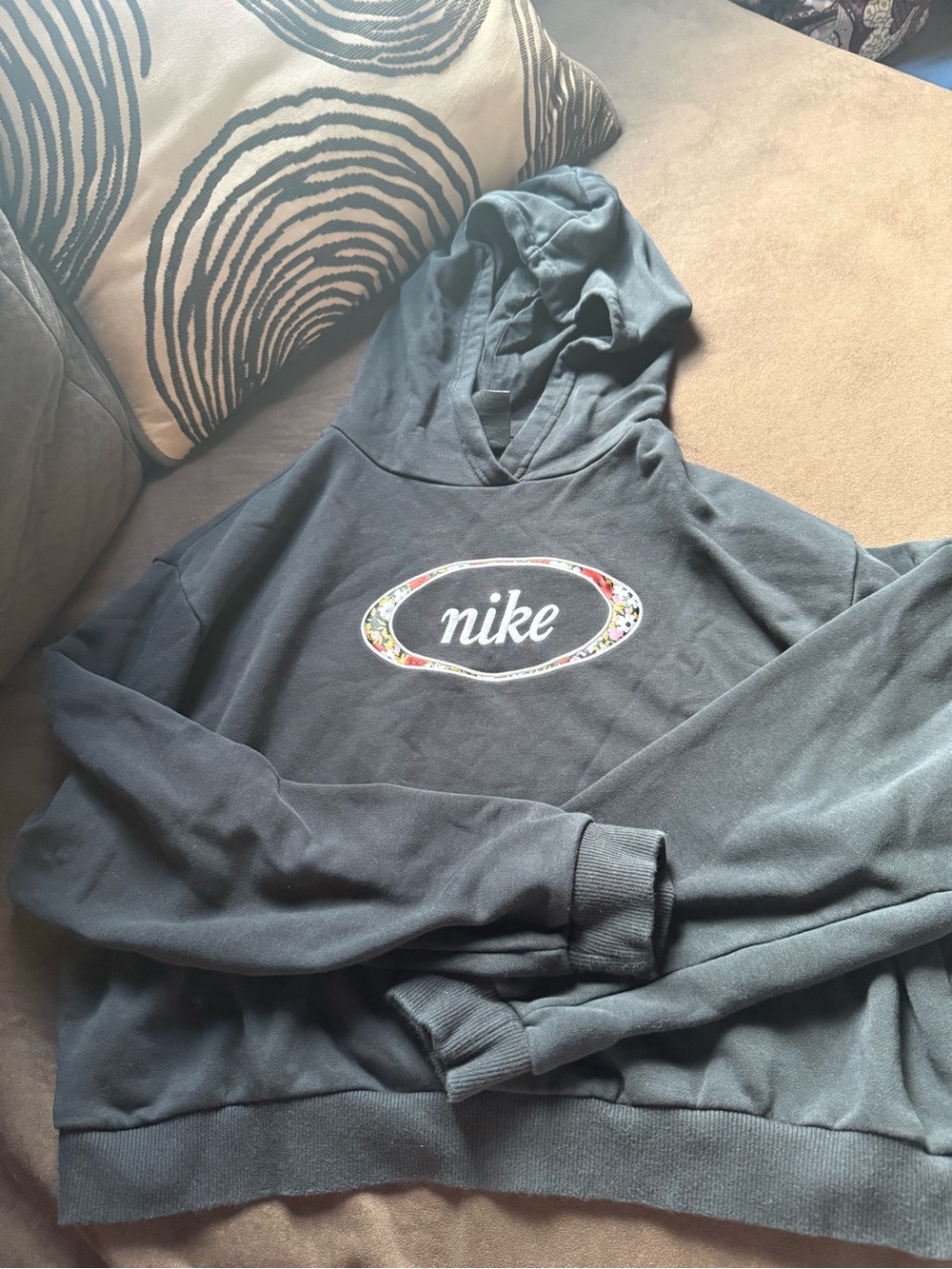 Nike Women's Black Hoodie with Floral-Trim Logo